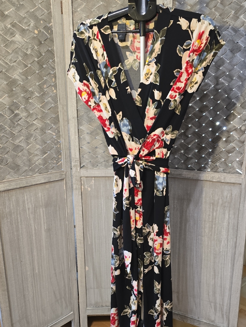 White House Black Market Black Floral Wrap Maxi with Red & Cream Blooms